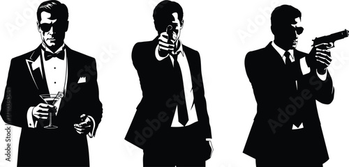 Spy Character Silhouette Set Featuring Suited Men with Guns, Martini, Sunglasses, Espionage Theme, Action Pose,  