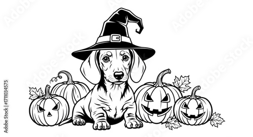 Adorable dachshund puppy in witch hat surrounded by carved pumpkins for Halloween fun