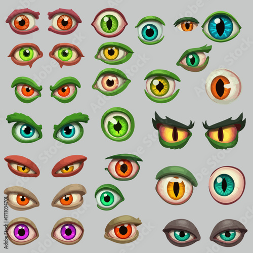 Collection of cartoon eyes with various expressions, perfect for character design, animation, and eye-catching graphic elements in your projects