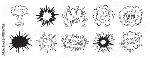 Bomb explosion or Comic explosion boom doodle hand drawn icon set. Outline drawing smoke cloud and fire flash. Atomic boom or dynamite detonation,