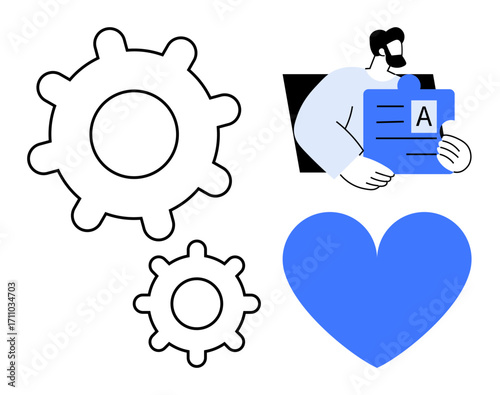 Person holding a document, two gear icons symbolizing workflow, and a blue heart representing balance, care, or empathy. Ideal for productivity tools, teamwork, HR, workflow process career growth
