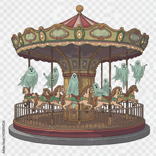 Whimsical Halloween carousel with friendly ghosts riding horses, a charming vintage style for festive autumn designs and spooky season celebrations