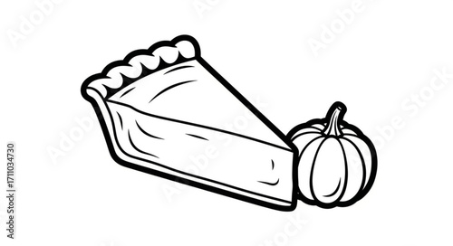 A simple black and white illustration of a slice of pumpkin pie next to a small pumpkin.