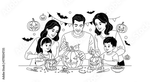 Happy family carving pumpkins together for Halloween celebration