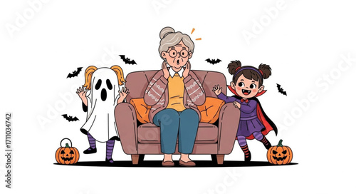 Surprised grandmother startled by playful children in Halloween costumes on sofa