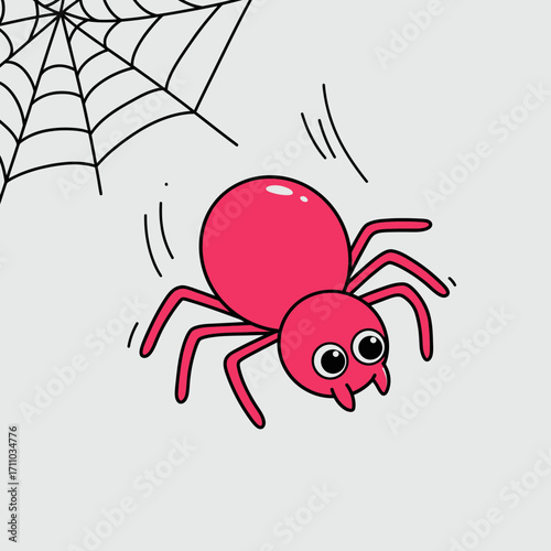 Whimsical pink cartoon spider with a web, perfect for Halloween decorations or cute themed designs, a fun and playful vector illustration