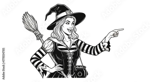 Playful witch with broom and cauldron points to the side, celebrating Halloween