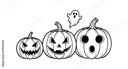 Spooky Halloween pumpkins with a friendly ghost on a white background