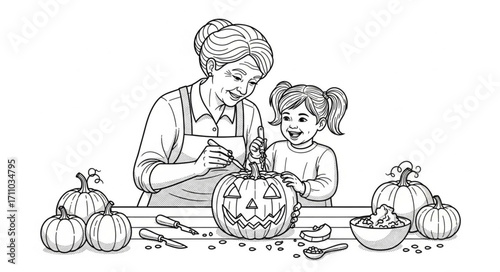 Joyful grandmother and child carving pumpkins together for Halloween celebration