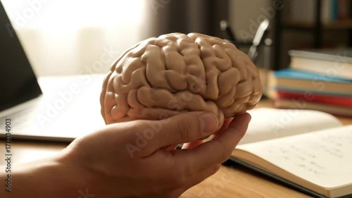 A person holding a realistic human brain model for studying anatomy neuroscience and psychology a concept of neurology cognitive function learning memory and mental health