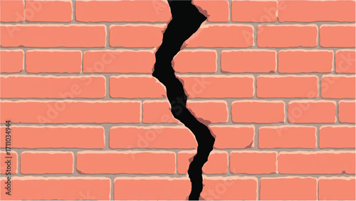 Brick wall background with a large crack. Cracked Brick wall. Damaged Wall Background. Vector illustration.  
