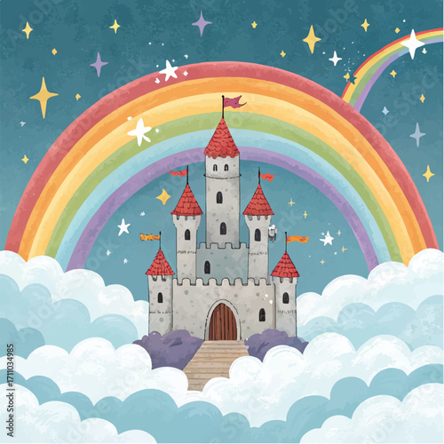 Fairy Tale Castle in the Clouds with Rainbow and Stars Fantasy Illustration