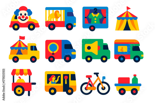 Circus Vehicles Icons. Flat vector icons of circus vehicles: clown car, animal transport truck, costume trailer, tent hauler,