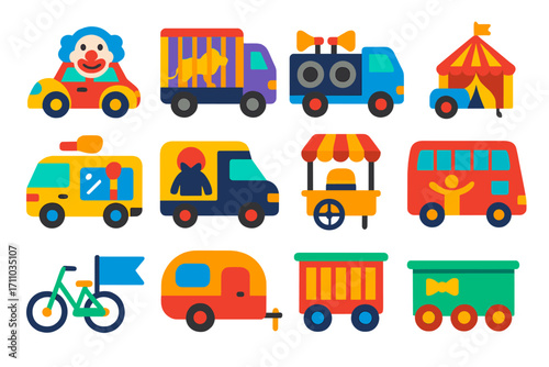 Circus Vehicles Icons. Flat vector icons of circus vehicles: clown car, animal transport truck, costume trailer, tent hauler,