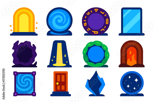 Magic Portal Icons. Flat vector icons of magic portals: glowing gate, swirling vortex, rune circle portal, mirror gate, shadow