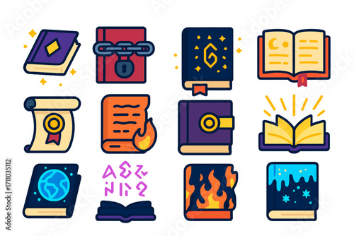 Enchanted Book Icons. Flat vector icons of enchanted books: floating grimoire, chained tome, glowing runes book, open spellbook,