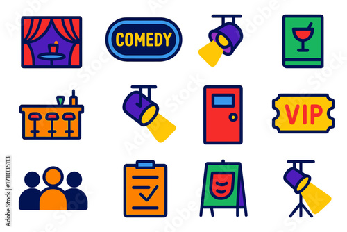 Modern Comedy Icons. Flat vector icons of comedy clubs: stage curtain, small table with drink, neon sign, drink menu, bar counter,