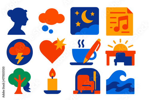 Poetic Inspiration Icons. Flat vector icons of poetic inspiration: muse silhouette, dream cloud, night sky, music note page, storm