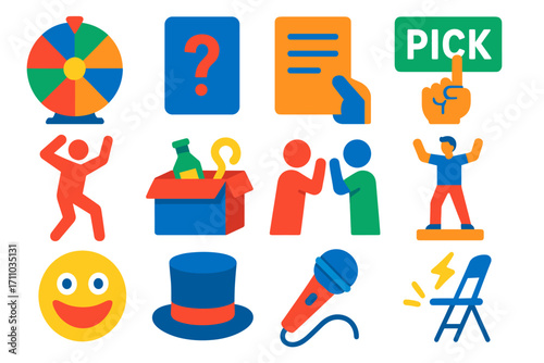 Improv Comedy Icons. Flat vector icons of improv comedy: spinning wheel, suggestion card, game prompt, audience pick sign,