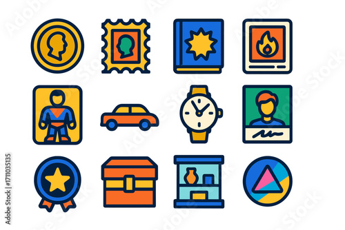 Collectible Icon Set. Flat vector icons of collectibles: vintage coin, rare stamp, comic book, trading card, action figure, model