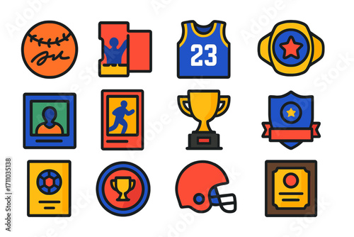 Iconic Sports Memorabilia. Flat vector icons of sports memorabilia: signed ball, game ticket, collectible jersey, championship