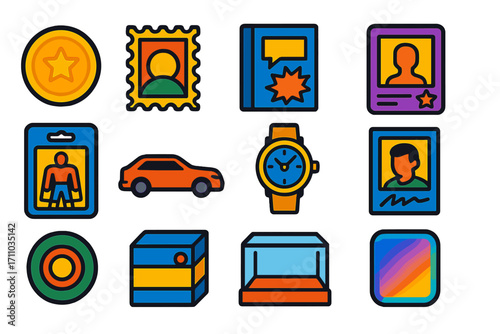 Collectible Icon Set. Flat vector icons of collectibles: vintage coin, rare stamp, comic book, trading card, action figure, model