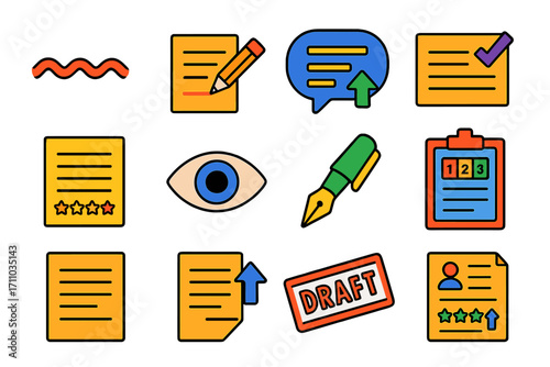 Poetic Critique Icons. Flat vector icons of poetic critique: red underline, edit symbol, suggestion bubble, margin note, poem