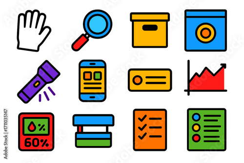 Collector Essentials Icons. Flat vector icons of collector essentials: white gloves, magnifier tool, storage box, archival bag, UV