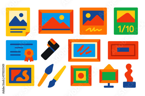Collectible Art Icons. Flat vector icons of collectible art: art print, miniature painting, signed canvas, numbered edition, art