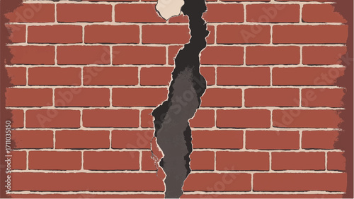 Brick wall background with a large crack. Cracked Brick wall. Damaged Wall Background. Vector illustration.  