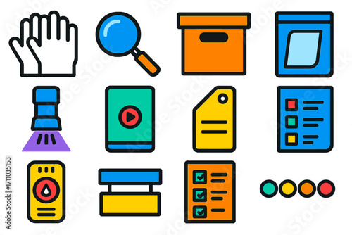 Collector Essentials Icons. Flat vector icons of collector essentials: white gloves, magnifier tool, storage box, archival bag, UV