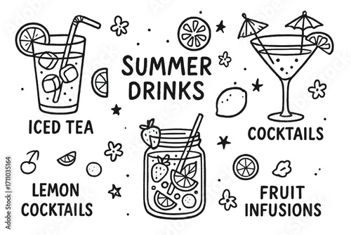 Summer Drink Illustrations. Summer drinks doodle set: hand drawn icons for iced tea, lemonade, cocktails, and fruit infusions,