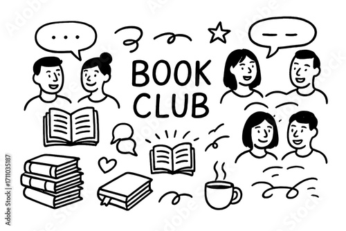 Book Club Doodles. Book club doodle set: hand drawn icons for reading together, discussion, and literary fun, isolated transparent