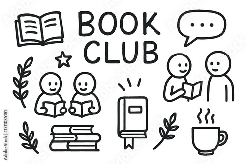 Book Club Doodles. Book club doodle set: hand drawn icons for reading together, discussion, and literary fun, isolated transparent