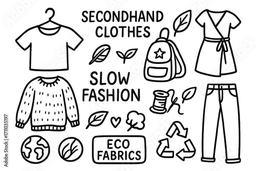 Sustainable Fashion Icons. Sustainable fashion doodle set: hand drawn icons for secondhand clothes, slow fashion, and eco fabrics,