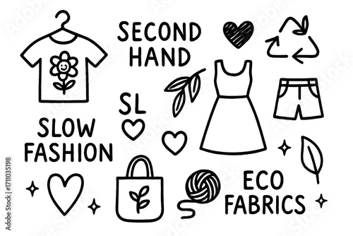 Sustainable Fashion Icons. Sustainable fashion doodle set: hand drawn icons for secondhand clothes, slow fashion, and eco fabrics,