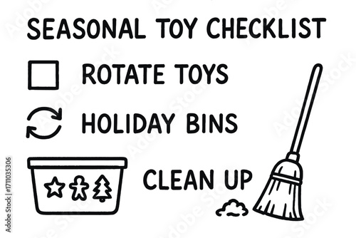 Holiday Toy Checklist. Seasonal toy checklist doodle set: hand drawn icons for rotate icons, holiday bins, and cleanup steps,