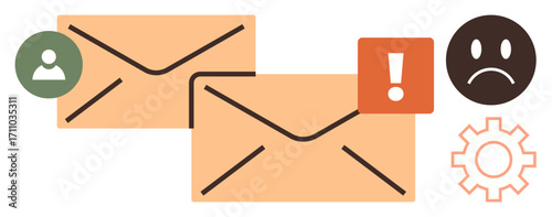 Two envelopes symbolizing email, paired with user, alert, sad face, and settings icons. Ideal for communication, feedback, notifications, troubleshooting system updates error messages customer