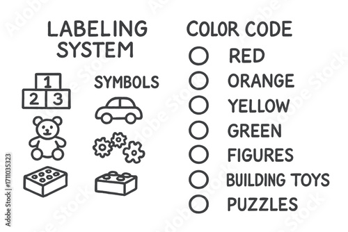 Toy Labeling Doodles. Kids toy labeling system doodle set: hand drawn icons for symbols, color codes, and bin names, isolated