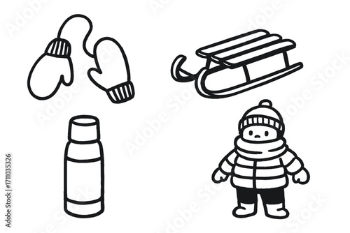 First Snow Doodle Set. First snow day doodle set: hand drawn icons for mittens, sleds, thermoses, and bundled kids, isolated