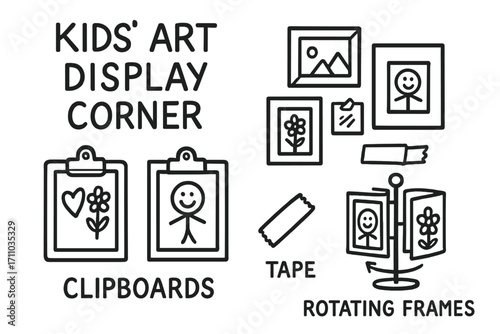 Kids Art Display Icons. Kids art display corner doodle set: hand drawn icons for clipboards, gallery walls, tape, and rotating