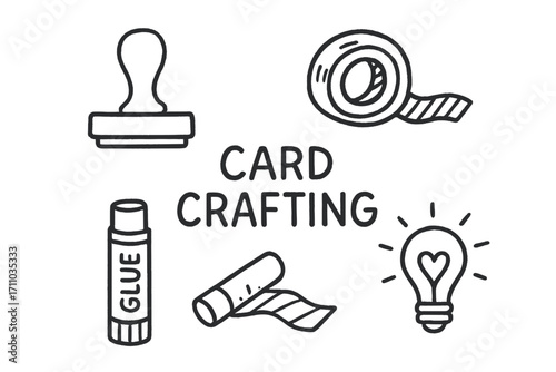 Card Crafting Essentials. Homemade card crafting doodle set: hand drawn icons for stamps, washi tape, glue sticks, and creativity,