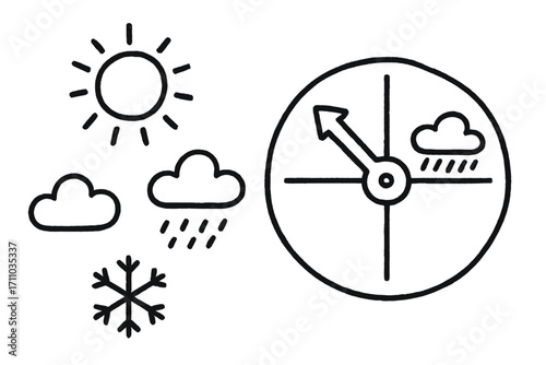 Kids Weather Wheel. Kids weather wheel doodle set: hand drawn icons for sun, cloud, rain, snow, and arrow spinner, isolated