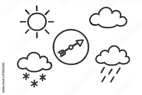 Kids Weather Wheel. Kids weather wheel doodle set: hand drawn icons for sun, cloud, rain, snow, and arrow spinner, isolated