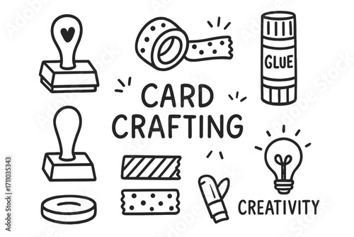 Card Crafting Essentials. Homemade card crafting doodle set: hand drawn icons for stamps, washi tape, glue sticks, and creativity,
