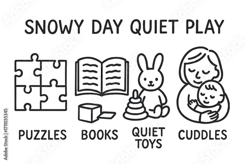 Quiet Winter Doodle Set. Snowy day quiet play doodle set: hand drawn icons for puzzles, books, quiet toys, and cuddles, isolated