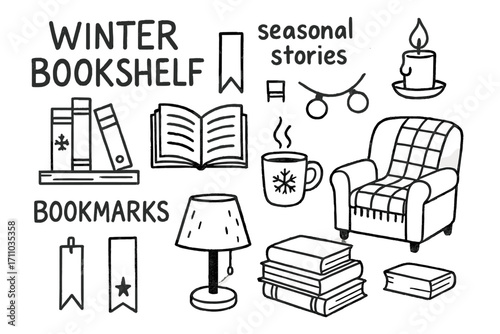 Cozy Winter Reading Doodles. Winter bookshelf doodle set: hand drawn icons for seasonal stories, bookmarks, cozy lighting, and