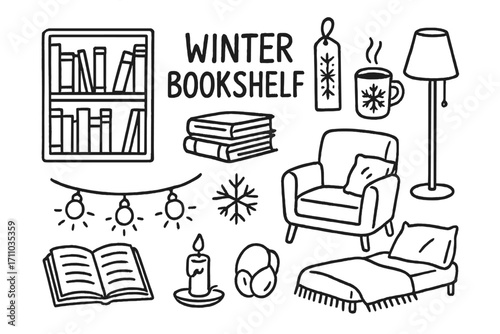 Cozy Winter Reading Doodles. Winter bookshelf doodle set: hand drawn icons for seasonal stories, bookmarks, cozy lighting, and