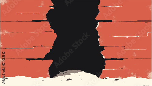 Brick wall background with a large crack. Cracked Brick wall. Damaged Wall Background. Vector illustration.  