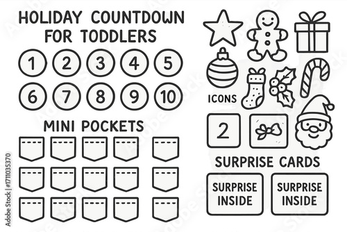 Kids Holiday Countdown. Holiday countdown for toddlers doodle set: hand drawn icons for Velcro charts, numbers, mini pockets, and
